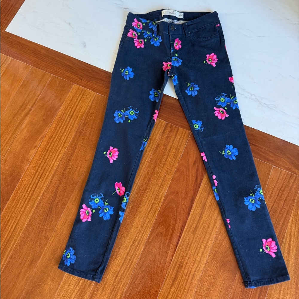 Hollister Women Dark Wash Denim Jeans Floral Print Skinny Pants Y2K Size 24/0